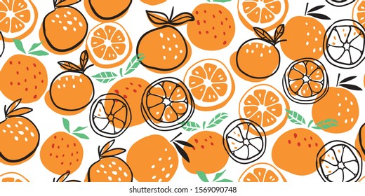 Stylish oranges fruits seamless pattern in hand drawn scandinavian style on white background. Summer design. Stylish kitchen citruses poster design. 