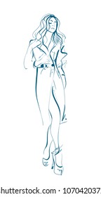 Stylish original hand-drawn graphic with beautiful young girl model for design. Fashion, style, youth, beauty. Graphic, sketch, drawing, vector.