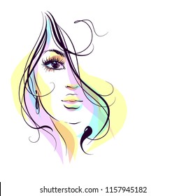 stylish  original hand-drawn graphics portrait  with beautiful young attractive girl model for design. Fashion, style,    beauty . Graphic, sketch drawing.  