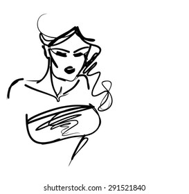 Stylish  original hand-drawn graphics portrait  with beautiful young attractive girl model for design. Fashion, style, beauty. Graphic, sketch drawing. Sexy  woman
