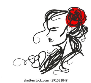 Stylish original hand-drawn graphics portrait  with beautiful young attractive girl model for design. Fashion, style, beauty . Graphic, sketch drawing. Sexy  woman
