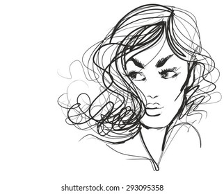 Stylish original hand-drawn graphics portrait  with beautiful young attractive girl model for design. Fashion, style, beauty. Graphic, sketch drawing. Sexy  woman.