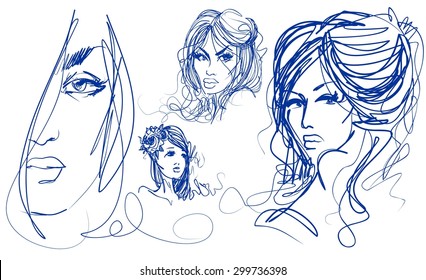 stylish  original hand-drawn graphics portrait  with beautiful young attractive girl model for design. Fashion, style,    beauty . Graphic, sketch drawing. Sexy  woman