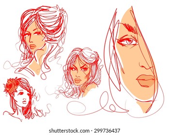  stylish  original hand-drawn graphics portrait  with beautiful young attractive girl model for design. Fashion, style,    beauty . Graphic, sketch drawing. Sexy  woman