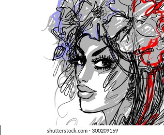 Stylish original hand-drawn graphics portrait  with beautiful young attractive girl model for design. Fashion, style, beauty. Graphic, sketch drawing. Sexy  woman.
