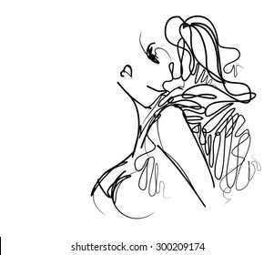Stylish original hand-drawn graphics portrait  with beautiful young attractive girl model for design. Fashion, style, beauty. Graphic, sketch drawing. Sexy  woman.
