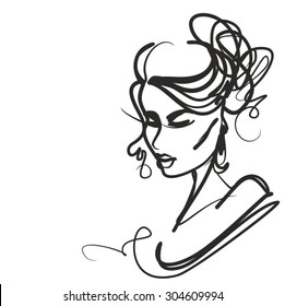 stylish  original hand-drawn graphics portrait  with beautiful young attractive girl model for design. Fashion, style, beauty. Graphic, sketch drawing. Sexy  woman
