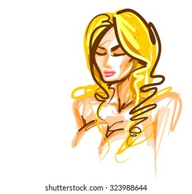 stylish  original hand-drawn graphics portrait  with beautiful young attractive girl model for design. Fashion, style,    beauty . Graphic, sketch drawing. Sexy  woman
