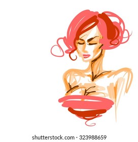 stylish  original hand-drawn graphics portrait  with beautiful young attractive girl model for design. Fashion, style,    beauty . Graphic, sketch drawing. Sexy  woman
