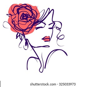 Stylish original hand-drawn graphics portrait  with beautiful young attractive girl model for design. Fashion, style, beauty. Graphic, sketch drawing. Sexy  woman
