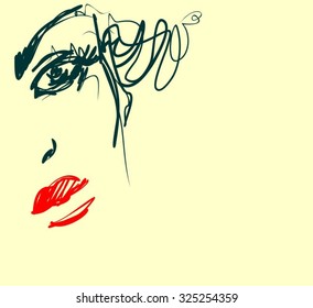 Stylish  original hand-drawn graphics portrait  with beautiful young attractive girl model for design. Fashion, style, beauty. Graphic, sketch drawing. Sexy  woman
