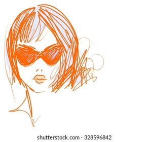 Stylish original hand-drawn graphics portrait  with beautiful young attractive girl model for design. Fashion, style, beauty. Graphic, sketch drawing. Sexy  woman.
