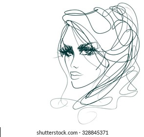 stylish  original hand-drawn graphics portrait  with beautiful young attractive girl model for design. Fashion, style,    beauty . Graphic, sketch drawing. Sexy  woman
