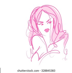 stylish  original hand-drawn graphics portrait  with beautiful young attractive girl model for design. Fashion, style,    beauty . Graphic, sketch drawing. Sexy  woman
