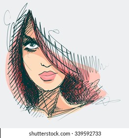 Stylish original hand-drawn graphics portrait  with beautiful young attractive girl model for design. Fashion, style, beauty. Graphic, sketch drawing. Sexy woman.
