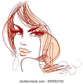 Stylish original hand-drawn graphics portrait  with beautiful young attractive girl model for design. Fashion, style, beauty. Graphic, sketch drawing. Sexy woman.

