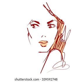 Stylish original hand-drawn graphics portrait with beautiful young attractive girl model for design. Fashion, style, beauty. Graphic, sketch drawing. Sexy woman.