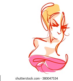 Stylish original hand-drawn graphics portrait with beautiful young attractive girl model for design. Fashion, style, beauty. Graphic, sketch drawing. Sexy woman.
