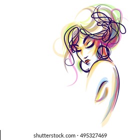 stylish  original hand-drawn graphics portrait  with beautiful young attractive girl model for design. Fashion, style,    beauty . Graphic, sketch drawing. Sexy  woman


