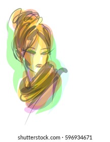 stylish  original hand-drawn graphics portrait  with beautiful young attractive girl model for design. Fashion, style,  beauty . Graphic, sketch drawing.   