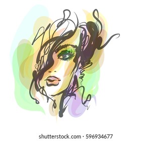 stylish  original hand-drawn graphics portrait  with beautiful young attractive girl model for design. Fashion, style,  beauty . Graphic, sketch drawing.   Woman, girl.
