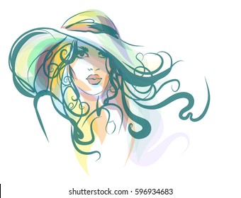stylish  original hand-drawn graphics portrait  with beautiful young attractive girl model for design. Fashion, style,  beauty . Graphic, sketch drawing.   Woman, girl.

