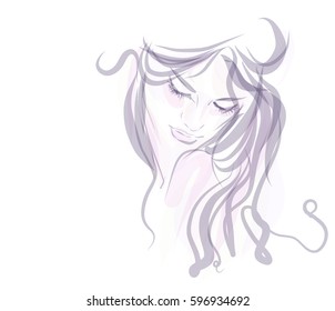 stylish  original hand-drawn graphics portrait  with beautiful young attractive girl model for design. Fashion, style,  beauty . Graphic, sketch drawing.   
