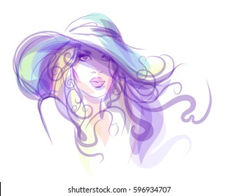 stylish  original hand-drawn graphics portrait  with beautiful young attractive girl model for design. Fashion, style,  beauty . Graphic, sketch drawing.   Woman, girl.
