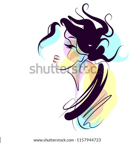 stylish  original hand-drawn graphics portrait  with beautiful young attractive girl model for design. Fashion, style,    beauty . Graphic, sketch drawing.  