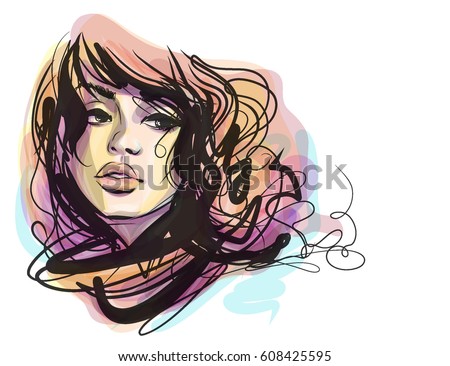 Stylish original hand-drawn vector graphics portrait  with beautiful young attractive girl model for design. Fashion, style,  beauty. Graphic, sketch drawing.   
