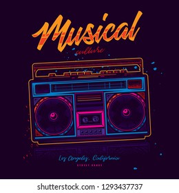 Stylish, original vector illustration in neon style. Old cassette player. Boombox