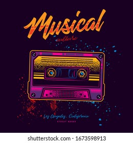 Elegante ilustración vectorial original en estilo neón. Cinta de música antigua con cinta magnética. 