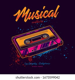 Elegante ilustración vectorial original en estilo neón. Cinta de música antigua con cinta magnética. 