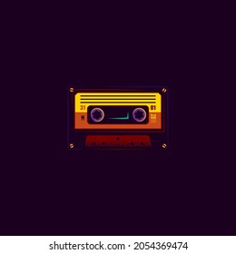 Stylish, original vector illustration in neon style. Vintage music cassette with magnetic tape. 