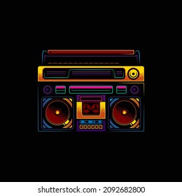 Ilustración vectorial original con estilo neón. Boombox. Iconos retro grabadora de casete estéreo portátil. Diseño de camisetas. Elemento de diseño.