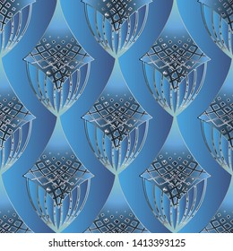 Stylish ornamental light blue vector seamless pattern. Geometric patterned grid background. Repeat lace backdrop. Creative beautiful elegance ornament. Tiled ornate design. Surface endless texture