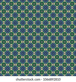 Stylish ornamental wallpaper in blue, black and brown colors. Vector illustration. Seamless geometric pattern with mandalas.