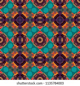 Stylish ornamental wallpaper in blue, brown and gray colors. Vector illustration. Seamless geometric pattern with mandalas.