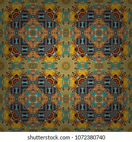 Stylish ornamental wallpaper in blue, orange and brown colors. Vector illustration. Seamless geometric pattern with mandalas.