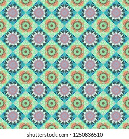 Stylish ornamental wallpaper in blue, pink and green colors. Seamless geometric pattern with mandalas. Vector illustration.