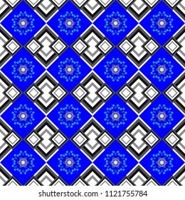 Stylish ornamental wallpaper in blue, white and gray colors. Vector illustration. Seamless geometric pattern with mandalas.