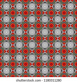 Stylish ornamental wallpaper in brown, blue and gray colors. Vector illustration. Seamless geometric pattern with mandalas.