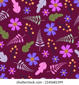 Stylish ornate vector seamless floral ditsy pattern design. Modern elegant repeating texture. Blooming abstract flowers and foliage background for surface printing, wallpaper and textile