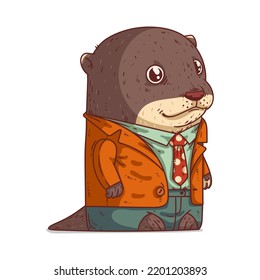 A Stylish Otter, isolated vector illustration. Funny cartoon picture of an otter wearing a costume. A cute animal sticker. Simply drawn anthropomorphic otter on white background. A dressed animal
