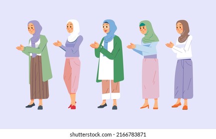 Stylish outfit muslim women character apologizing pose ramadhan day eid mubarak