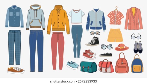 Stylish outfits for men and women, fashionable clothes, footwear bags variety of accessories collection for spring and autumn template for Store or shop in flat style