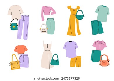 Stylish outfits set. Fashionable trendy clothes for women, elegant casual and formal wear with accessories. Vector isolated collection