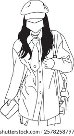 Stylish outline drawing of a girl in modern attire including a hat, tie, and oversized jacket, carrying a purse and bag. Great for fashion, design, or creative illustrative projects.