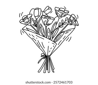 Stylish Outline of a Flower Bouquet with a Minimalist Tie for a Chic and Understated Floral Gift Theme Vector illustration