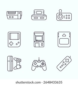 A stylish outline icon illustration of retro and modern gaming devices including arcade machines, gamepads, handheld consoles, cartridges, and controllers. Bright pink and purple color scheme